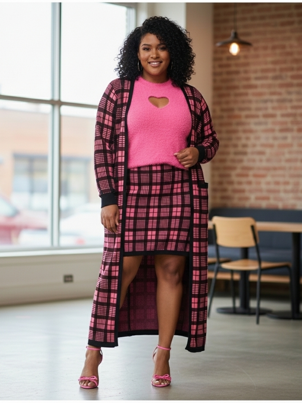 💕Curvy Girl Pink & Black Plaid Duster